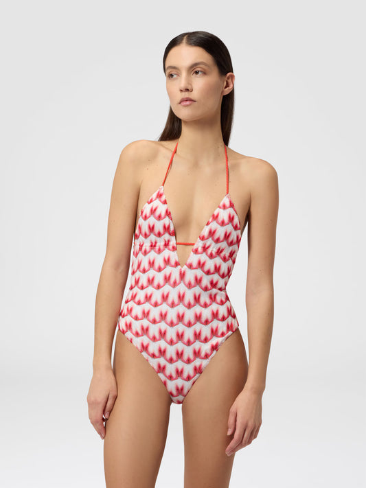 Missoni women's one-piece swimsuit in viscose — Raschel floral lace knit, V-neckline, intertwined straps in red