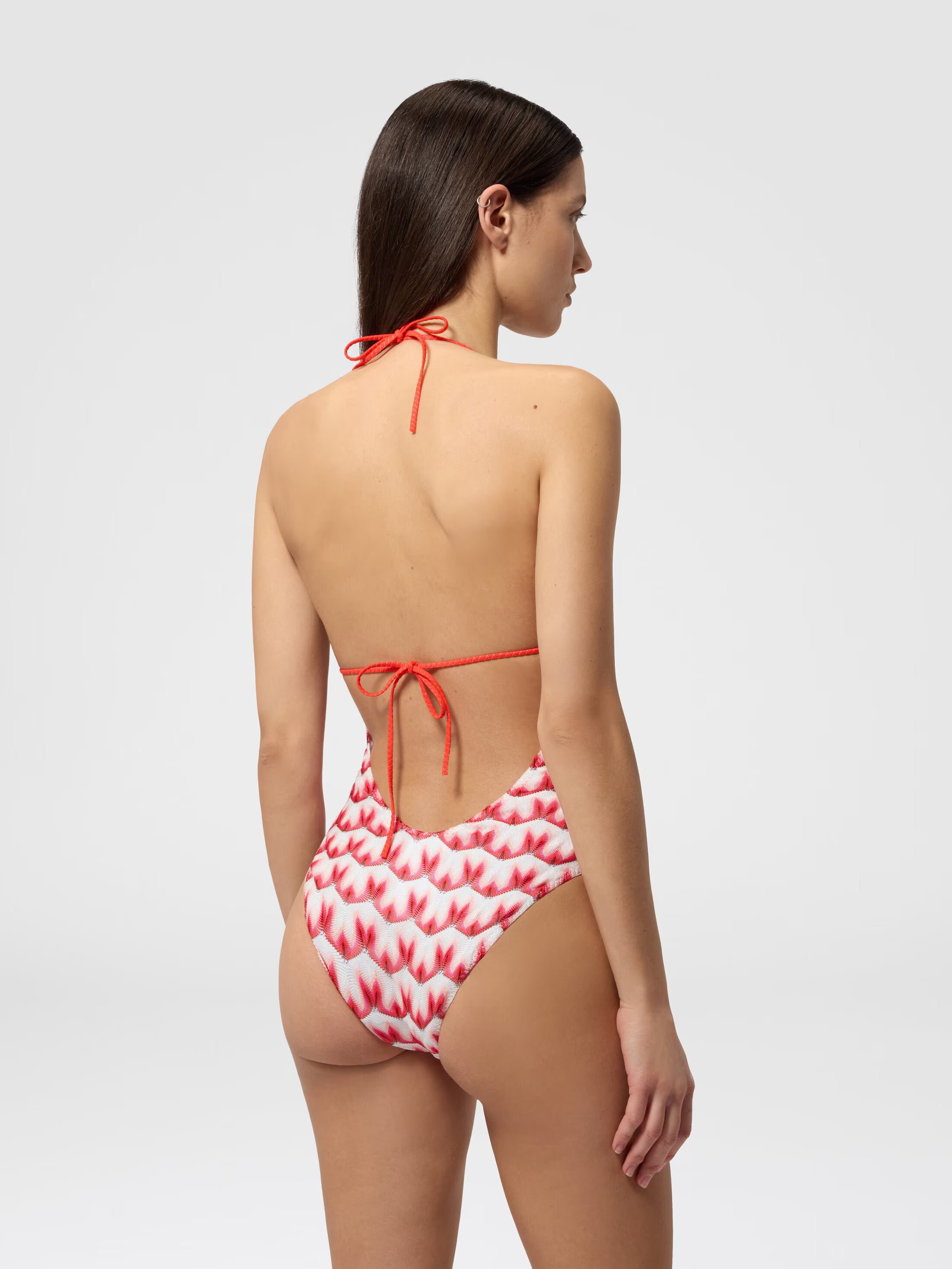 Missoni women's one-piece swimsuit in viscose — Raschel floral lace knit, V-neckline, intertwined straps in red back view