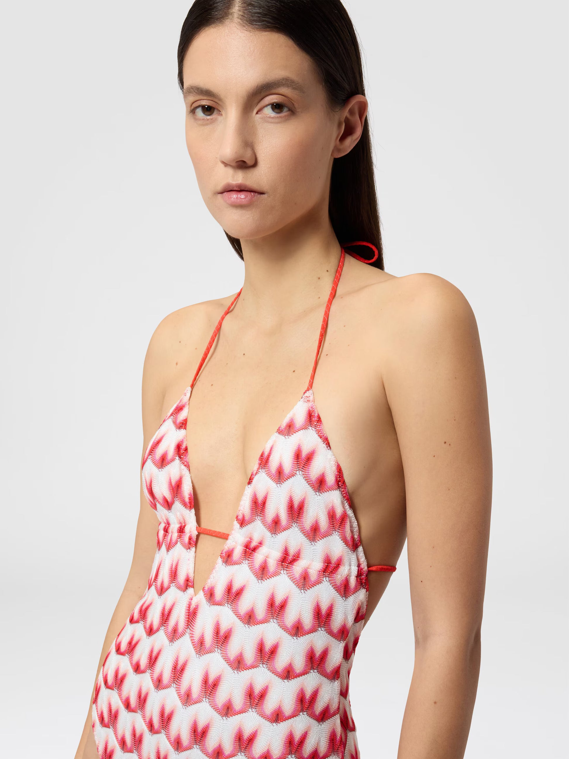 Missoni women's one-piece swimsuit in viscose — Raschel floral lace knit, V-neckline, intertwined straps in red front view