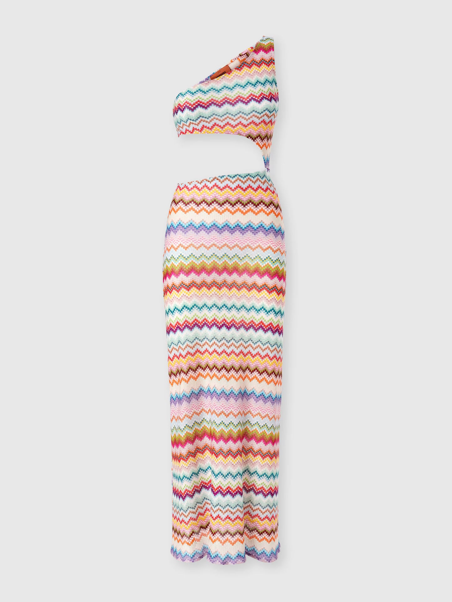 Missoni women's one-shoulder long cover-up in viscose lamé — micro zigzag pixel-effect knit, cut-out detail in multi