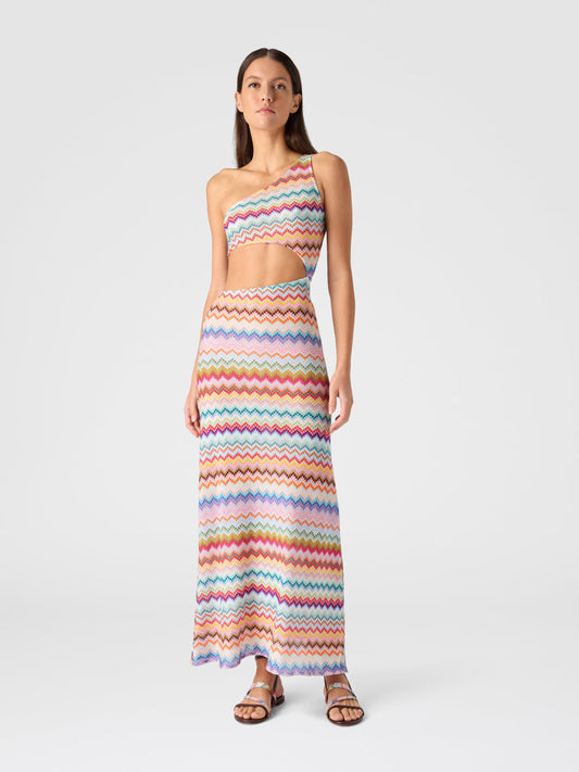 Missoni women's one-shoulder long cover-up in viscose lamé — micro zigzag pixel-effect knit, cut-out detail in multi