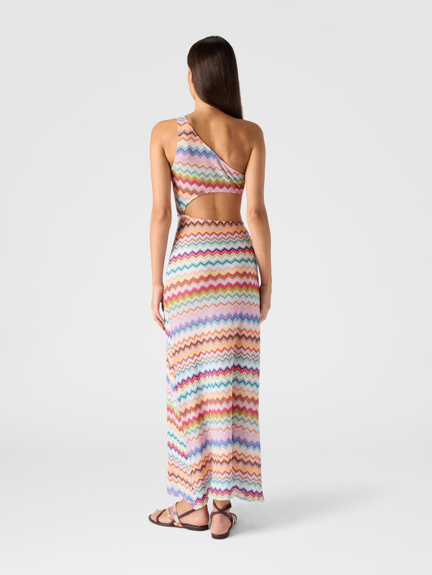 Missoni women's one-shoulder long cover-up in viscose lamé — micro zigzag pixel-effect knit, cut-out detail in multi back view