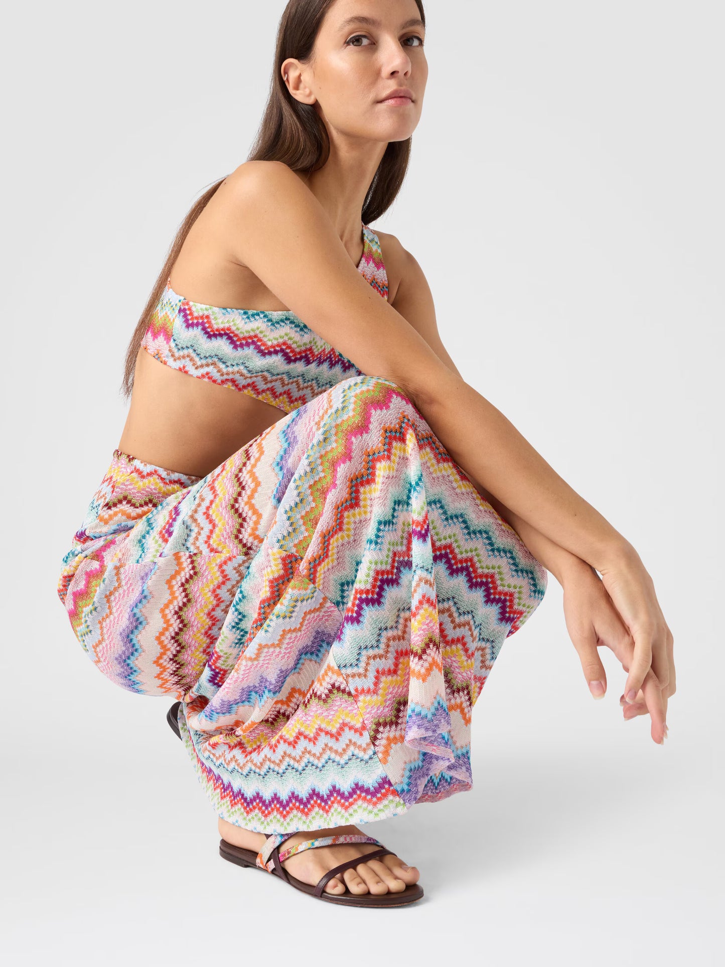 Missoni women's one-shoulder long cover-up in viscose lamé — micro zigzag pixel-effect knit, cut-out detail in multi close up