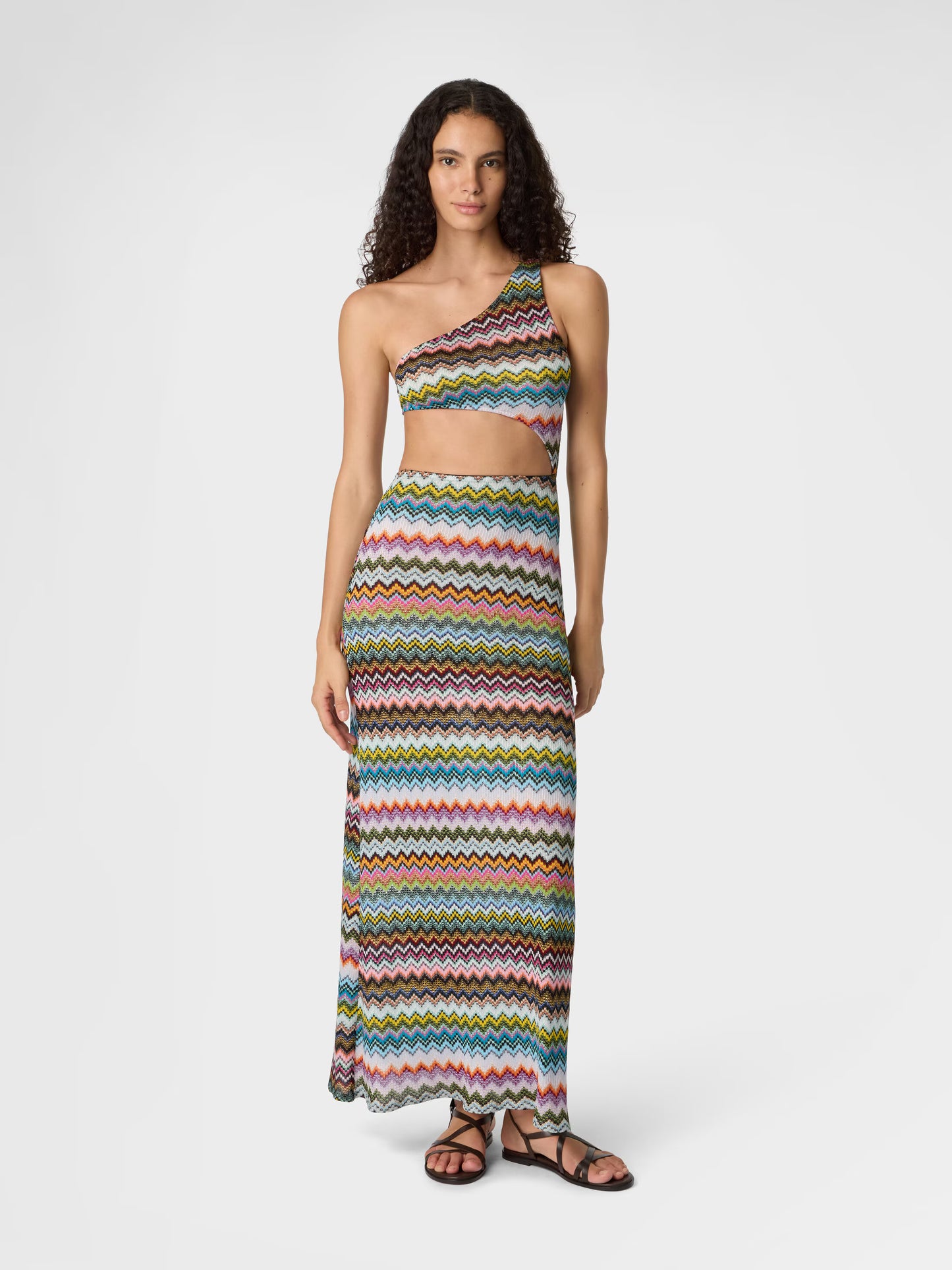 Missoni women's one-shoulder long cover-up in viscose lamé — micro zigzag pixel-effect knit, cut-out detail in multi dark