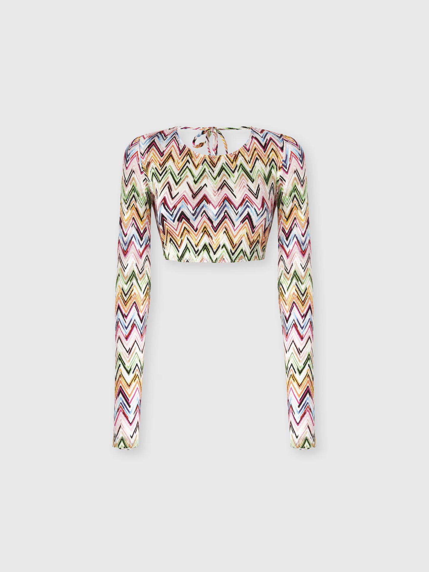 Missoni women's long sleeve crop top in stretch viscose — zigzag lace-effect knit, open back in multi product shot only