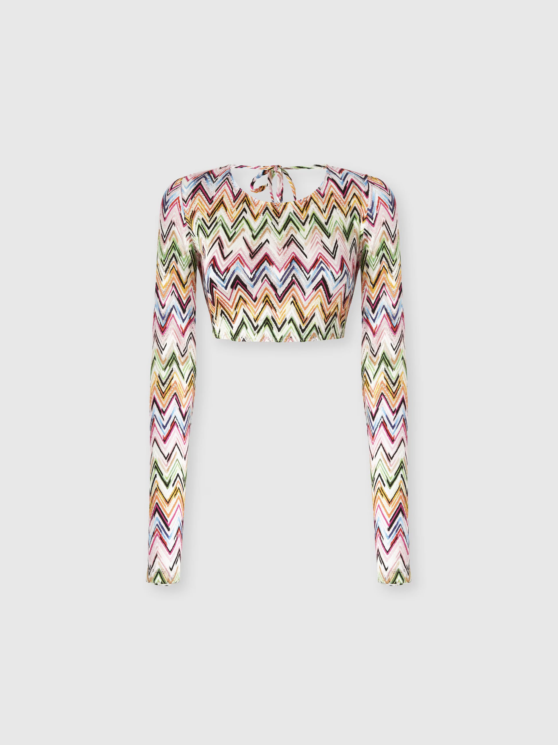 Missoni women's long sleeve crop top in stretch viscose — zigzag lace-effect knit, open back in multi product shot only