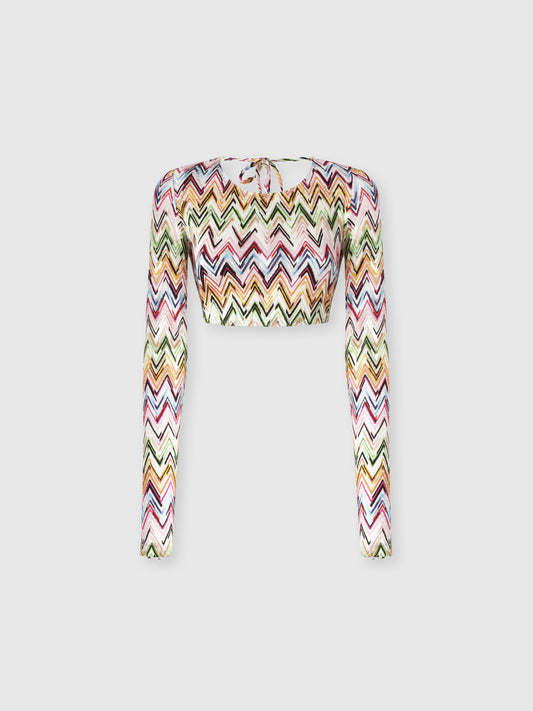 Missoni women's long sleeve crop top in stretch viscose — zigzag lace-effect knit, open back in multi product shot only