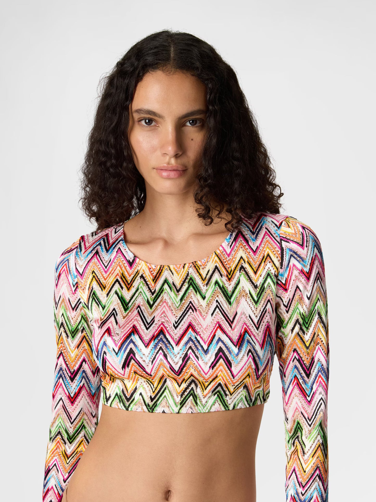 Missoni women's long sleeve crop top in stretch viscose — zigzag lace-effect knit, open back in multi close up