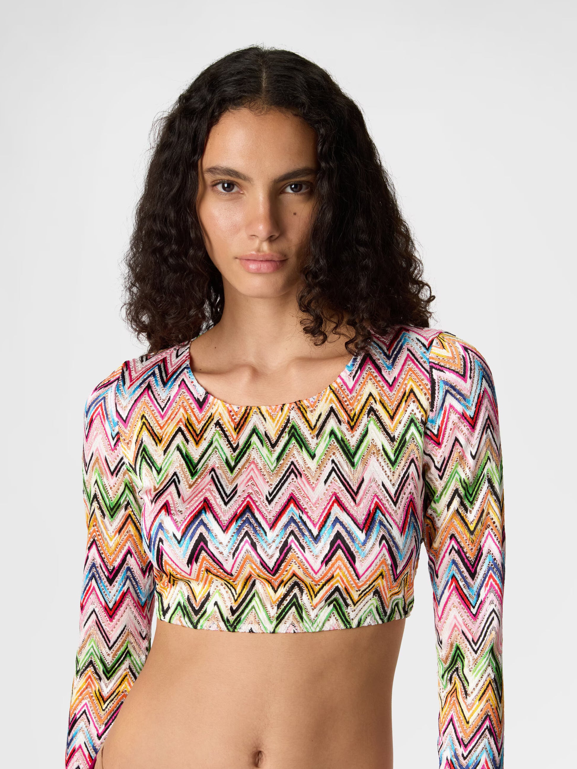 Missoni women's long sleeve crop top in stretch viscose — zigzag lace-effect knit, open back in multi close up