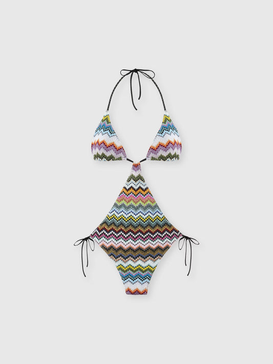 Missoni women's trapeze trikini in viscose lamé — Raschel micro zigzag pixel-effect knit in multi dark
