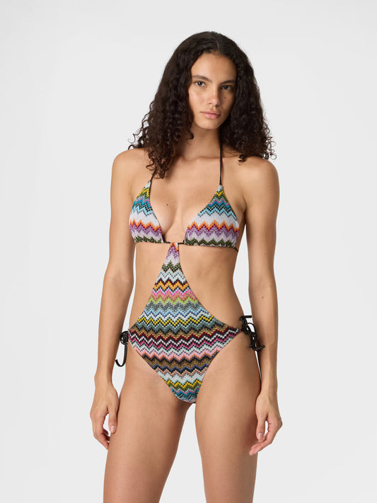 Missoni women's trapeze trikini in viscose lamé — Raschel micro zigzag pixel-effect knit in multi dark