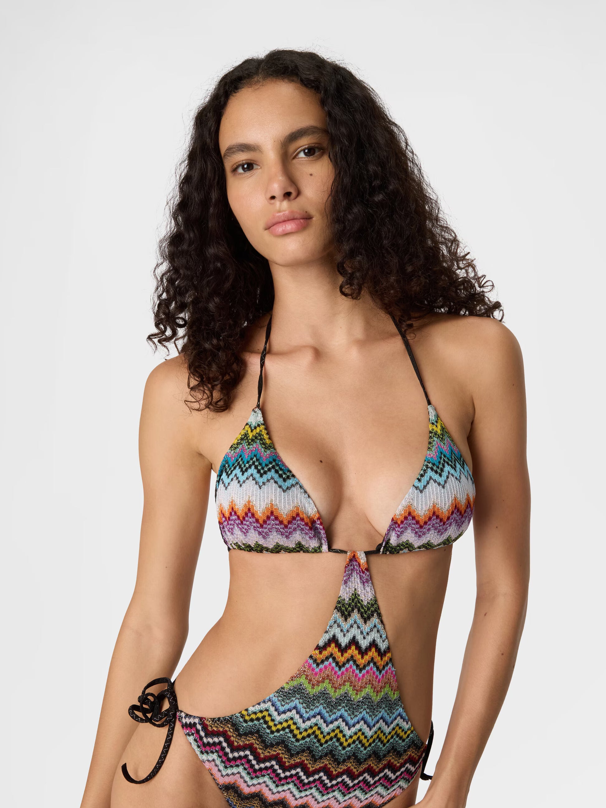 Missoni women's trapeze trikini in viscose lamé — Raschel micro zigzag pixel-effect knit in front view