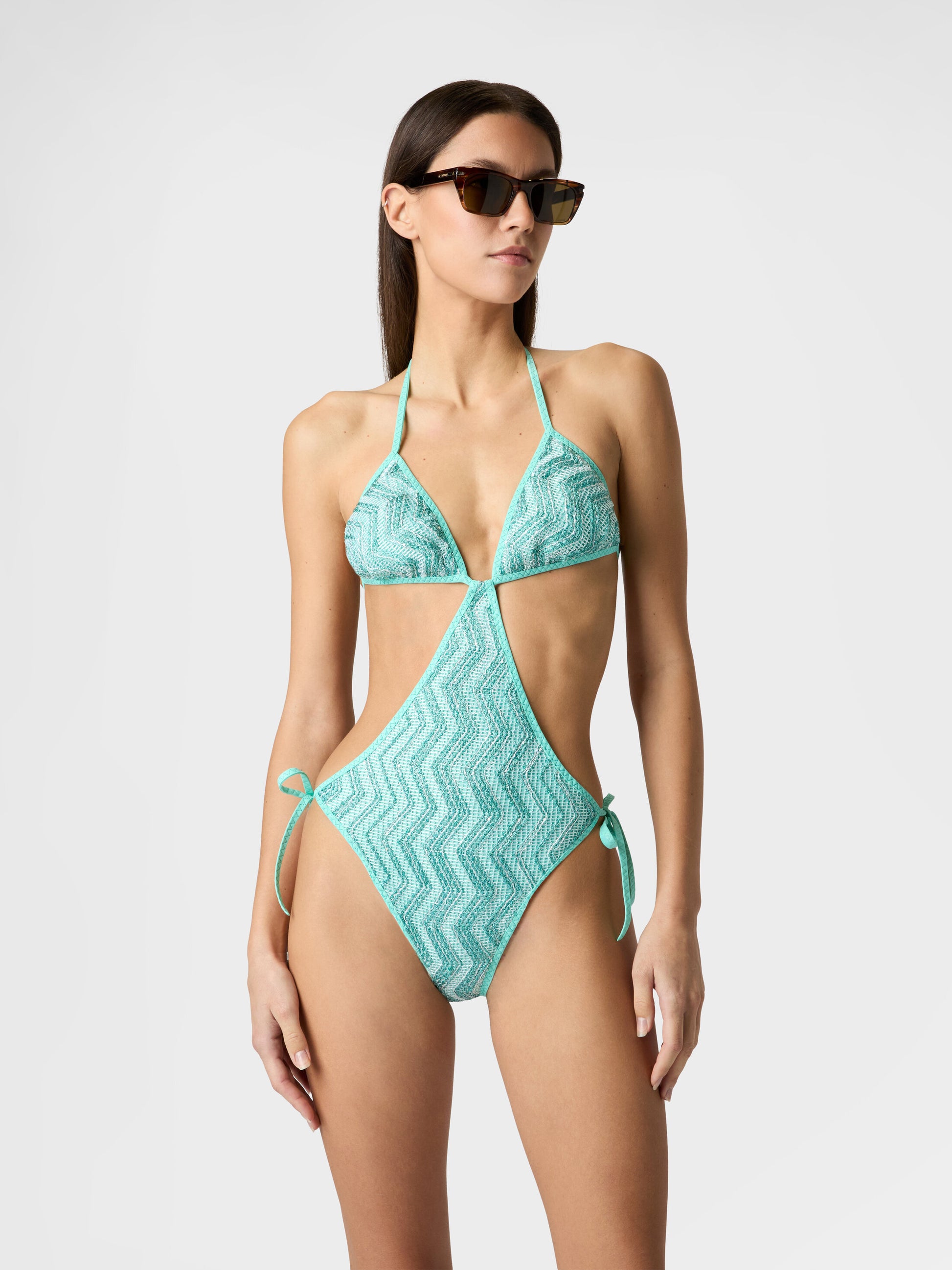Missoni women's trapeze trikini in viscose lamé mesh — zigzag knit with sequins in Aquamarine