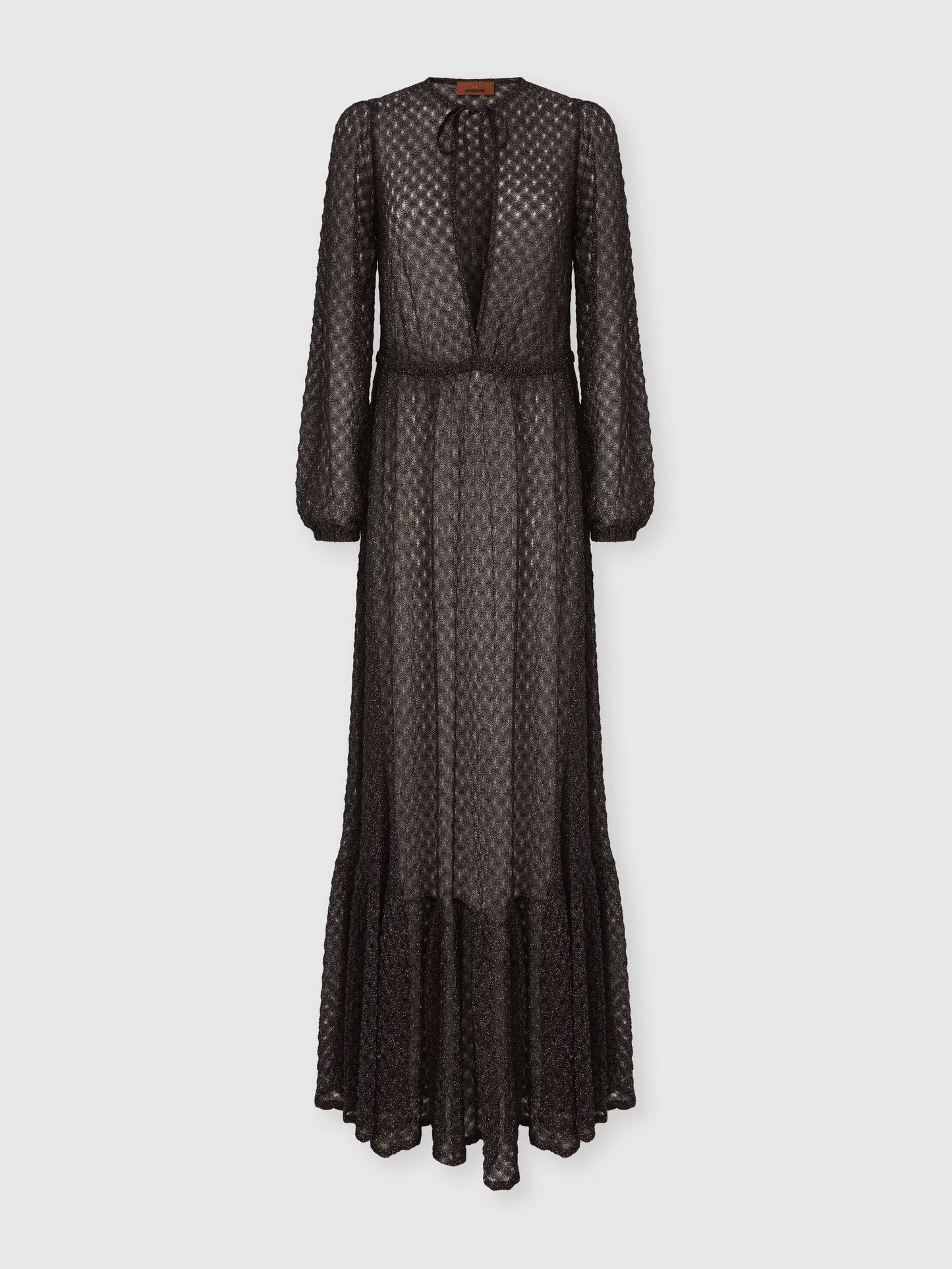 Missoni women's long cover-up dress in viscose lamé — Raschel spiderweb knit, ruffles, wide sleeves, V-neckline in dark brown product shot