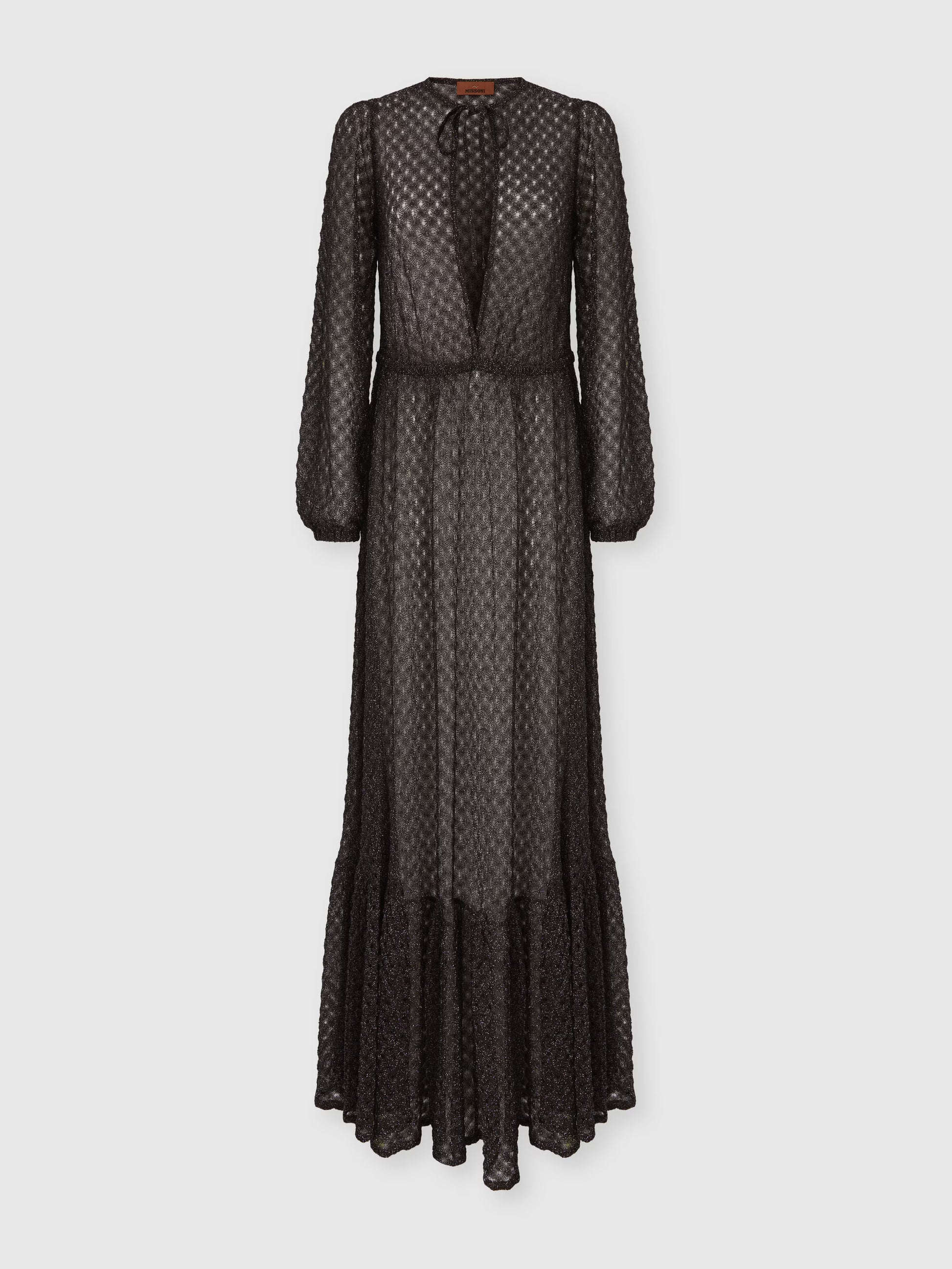 Missoni women's long cover-up dress in viscose lamé — Raschel spiderweb knit, ruffles, wide sleeves, V-neckline in dark brown product shot