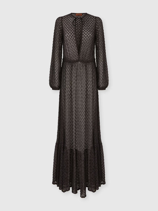 Missoni women's long cover-up dress in viscose lamé — Raschel spiderweb knit, ruffles, wide sleeves, V-neckline in dark brown product shot