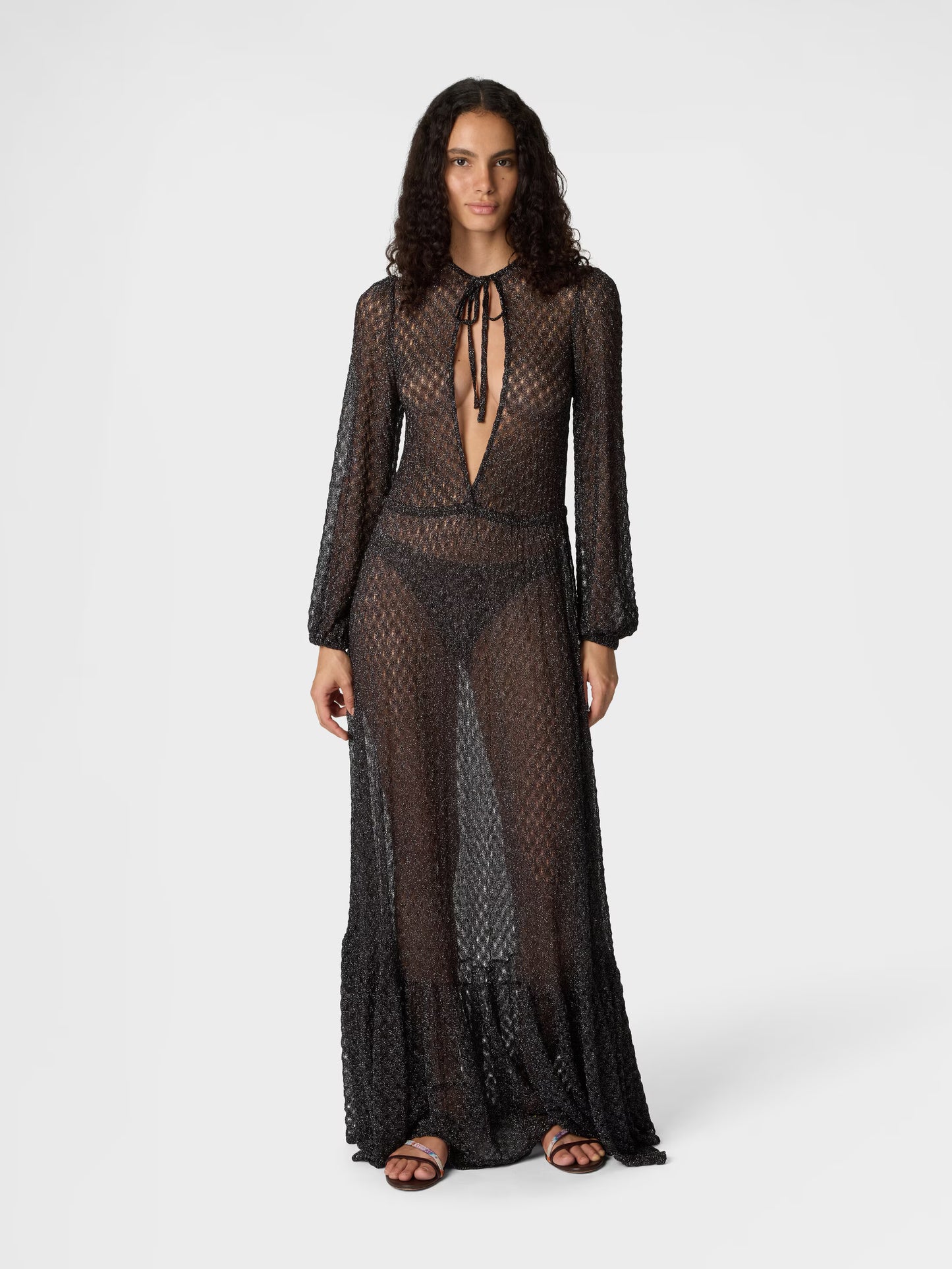 Missoni women's long cover-up dress in viscose lamé — Raschel spiderweb knit, ruffles, wide sleeves, V-neckline in dark brown
