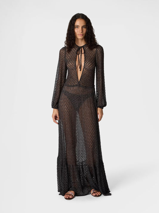Missoni women's long cover-up dress in viscose lamé — Raschel spiderweb knit, ruffles, wide sleeves, V-neckline in dark brown