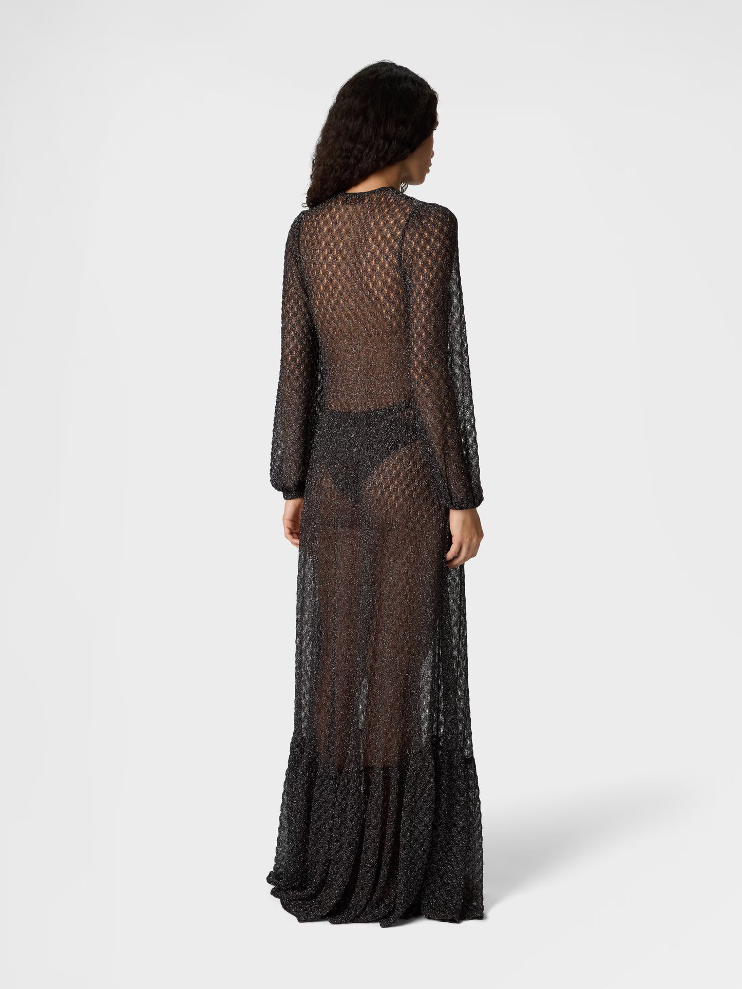 Missoni women's long cover-up dress in viscose lamé — Raschel spiderweb knit, ruffles, wide sleeves, V-neckline in dark brown back view
