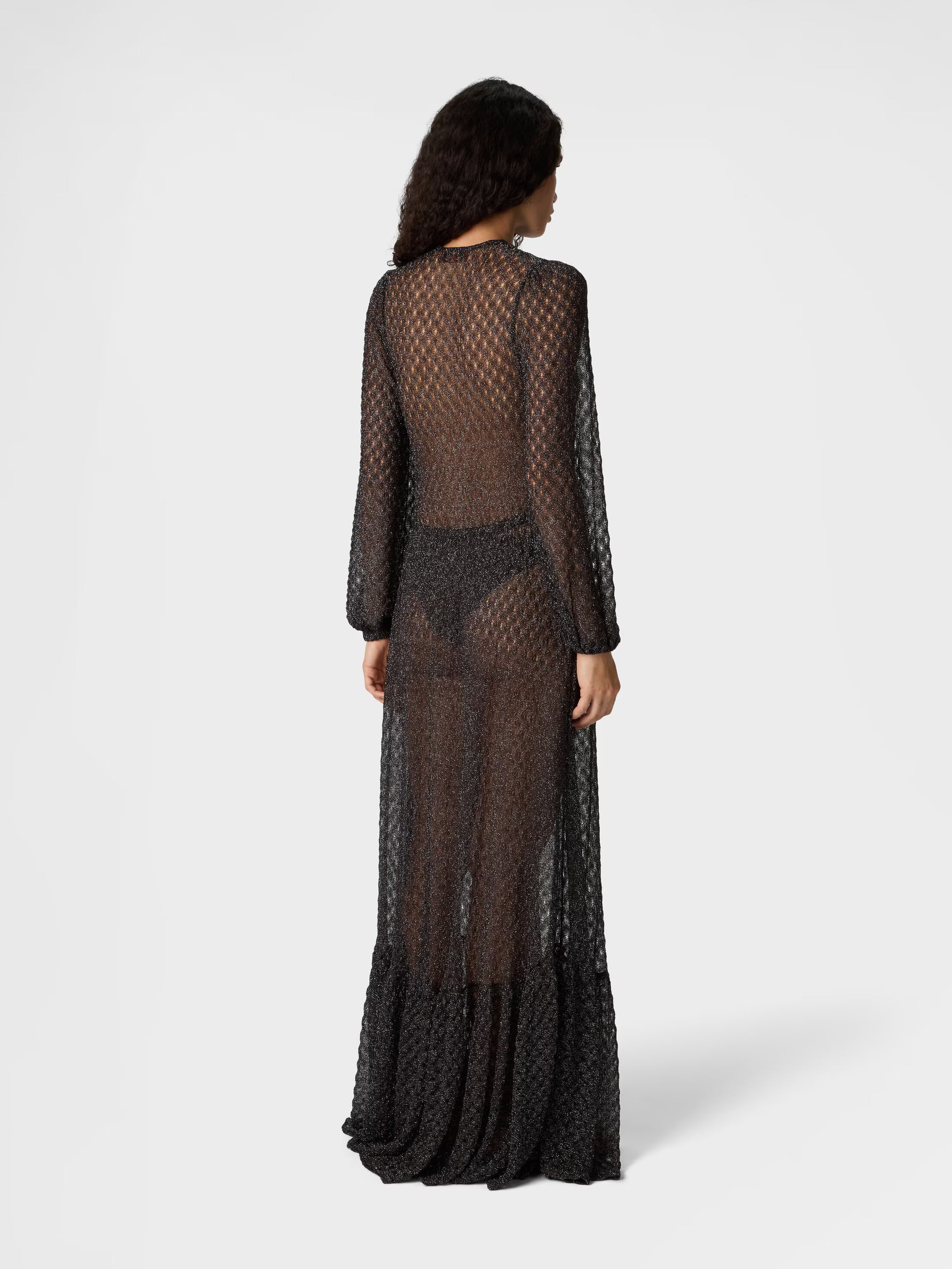 Missoni women's long cover-up dress in viscose lamé — Raschel spiderweb knit, ruffles, wide sleeves, V-neckline in dark brown back view