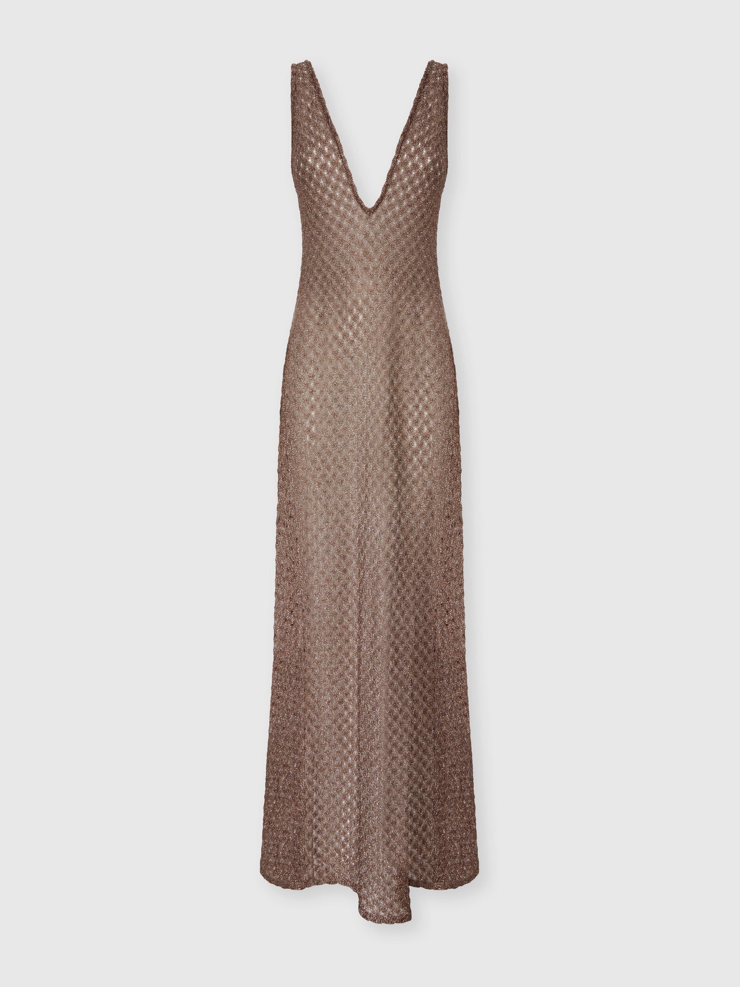 Missoni women's long cover-up dress in viscose lamé — Raschel spiderweb lace knit, V-neckline, open back in Brown