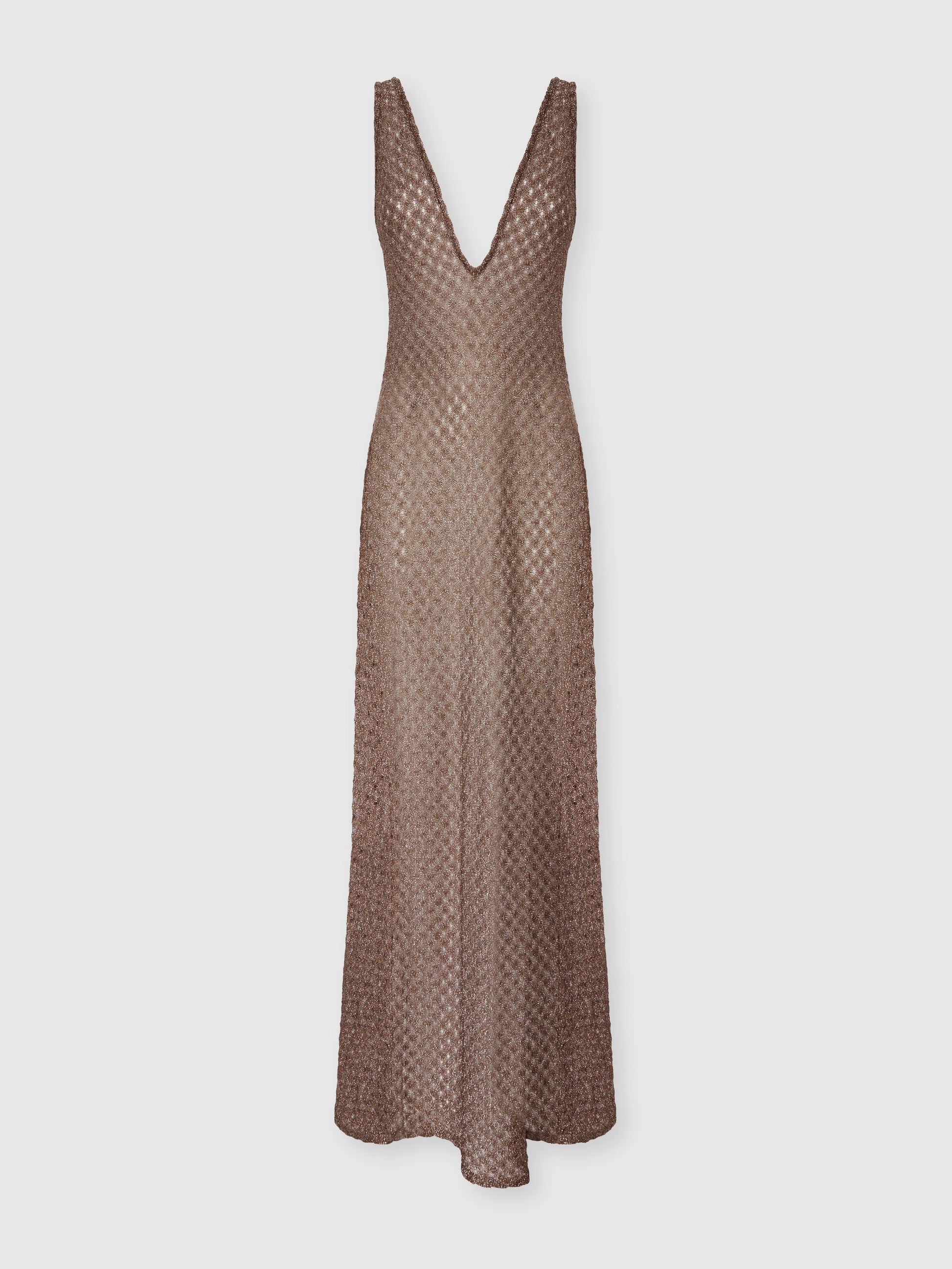 Missoni women's long cover-up dress in viscose lamé — Raschel spiderweb lace knit, V-neckline, open back in Brown