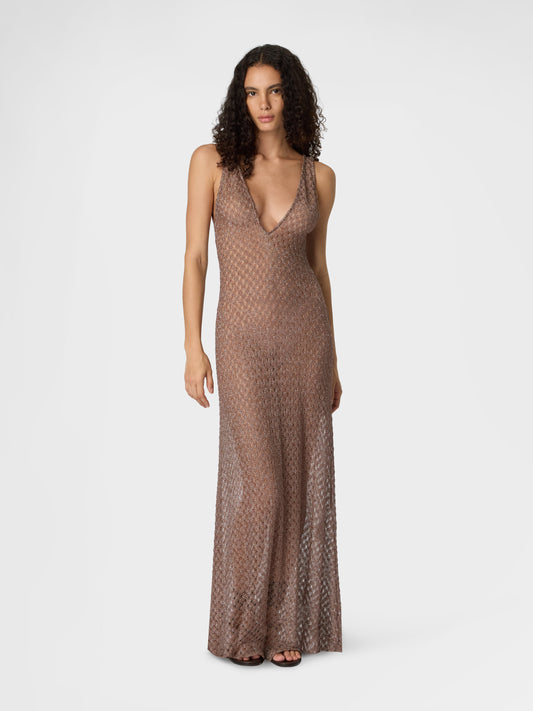 Missoni women's long cover-up dress in viscose lamé — Raschel spiderweb lace knit, V-neckline, open back in Brown