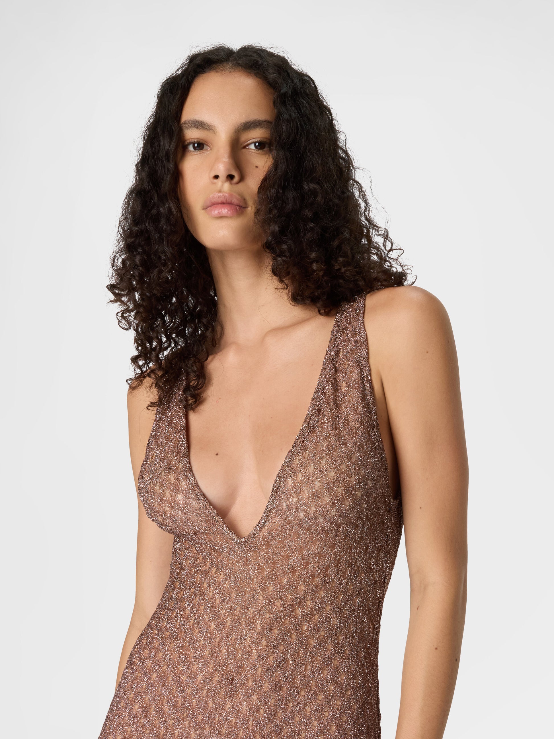 Missoni women's long cover-up dress in viscose lamé — Raschel spiderweb lace knit, V-neckline, open back in brown top front view