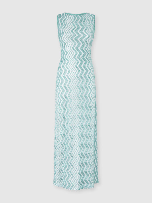 Missoni women's long cover-up dress in viscose lamé — zigzag mesh knit with sequins, back cut-out, side slit in aquamarine