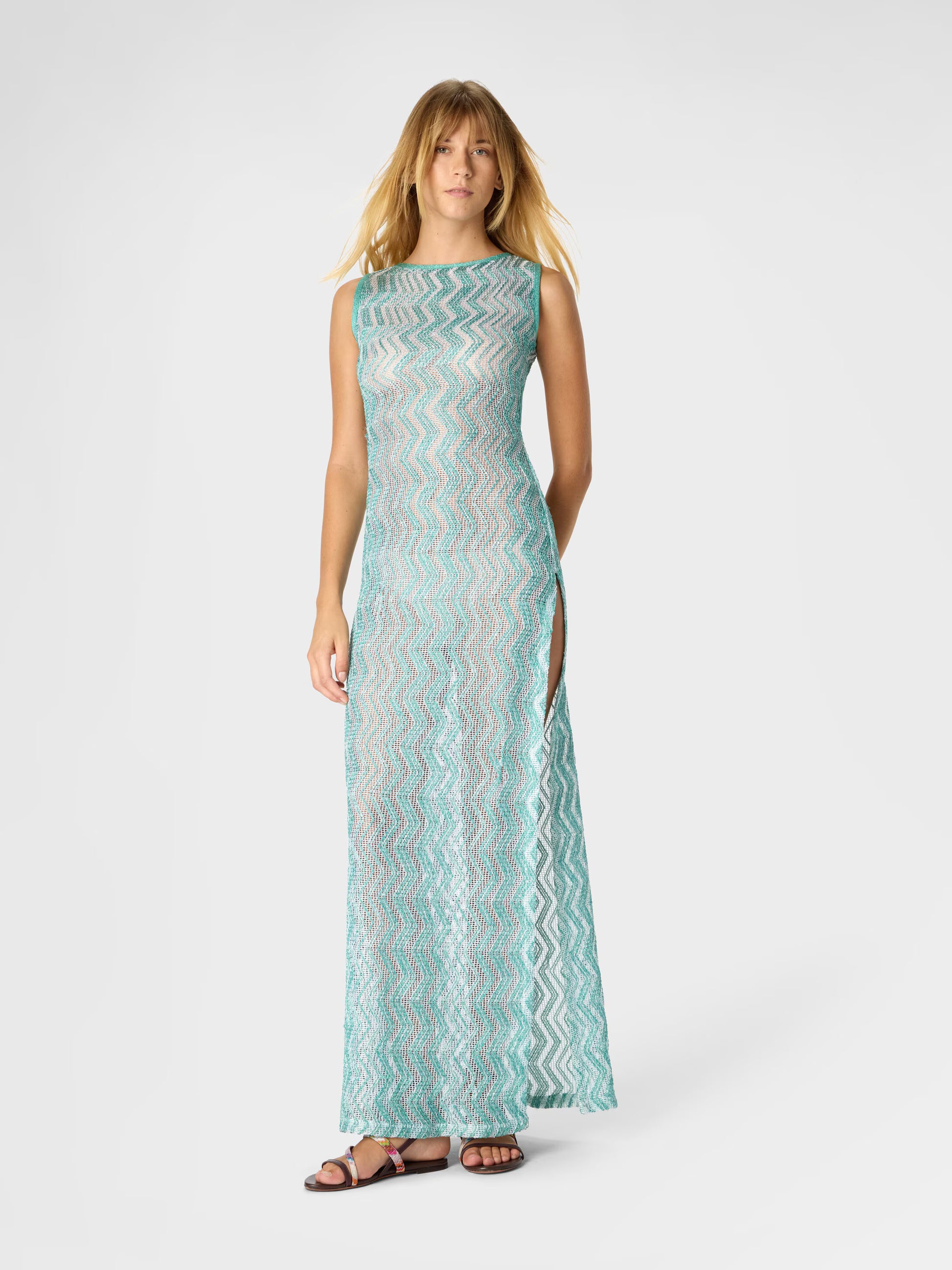 Missoni women's long cover-up dress in viscose lamé — zigzag mesh knit with sequins, back cut-out, side slit in Aquamarine