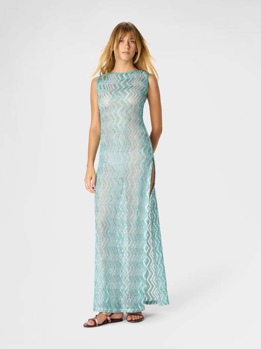Missoni women's long cover-up dress in viscose lamé — zigzag mesh knit with sequins, back cut-out, side slit in Aquamarine