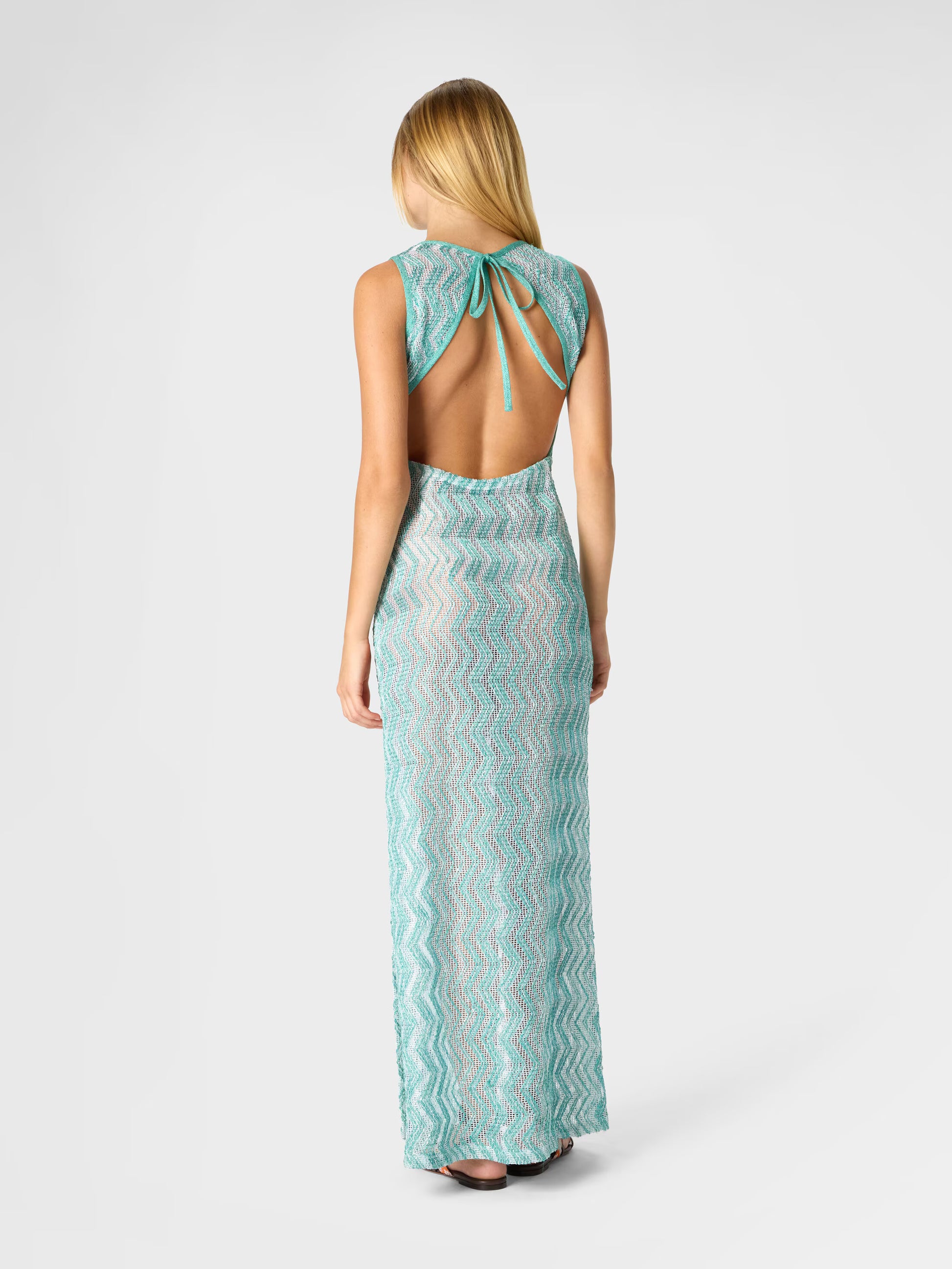 Missoni women's long cover-up dress in viscose lamé — zigzag mesh knit with sequins, back cut-out, side slit in aquamarine back view