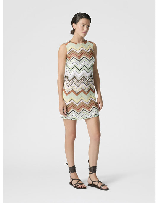 Missoni women's sleeveless mini dress in cotton viscose blend — chevron knit, crew neckline in white multi